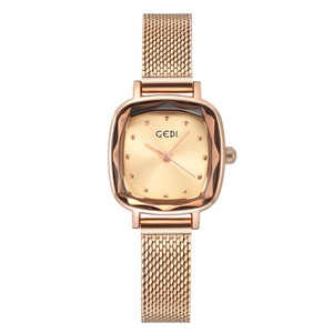 Elegant rose gold square women's quartz watch with minimalist mesh strap and clean dial