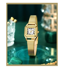 Detail of GEDI square gold watch with elastic metal strap on green marble stand