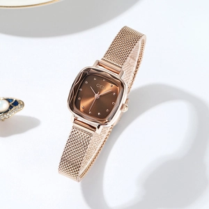 Women's rose gold square quartz watch with brown sunburst dial and mesh strap