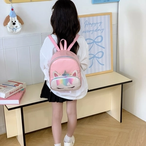 Pink unicorn kids backpack with rainbow horn and 3D ears for kindergarten girls