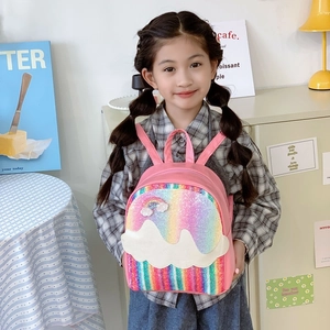 Pink cartoon toddler backpack with glitter sequins and rainbow cloud design for girls