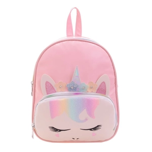 Pink unicorn kids backpack with glitter ears and colorful flowers for toddlers