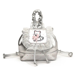 Silver metallic mini backpack with white lace trim and pink polka dots for women