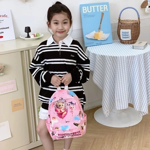 Pink cartoon character backpack for girls with durable fabric and front pocket