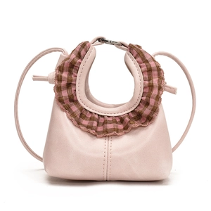 Pink mini cloud bag with brown plaid ruffle trim and adjustable shoulder strap