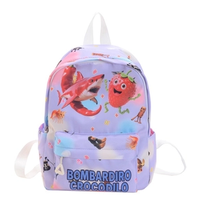 Front view of purple cartoon backpack with colorful character prints and white zipper