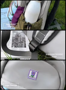 Detail view of adjustable strap and drawstring side pocket on color block kids backpack