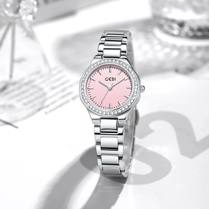 GEDI minimalist silver steel watch with pink dial and sparkling rhinestone bezel