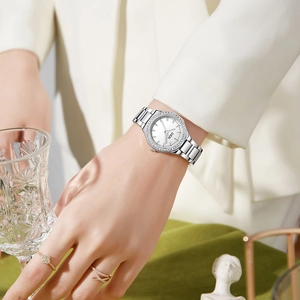 Elegant silver GEDI women's watch with rhinestone bezel and polished steel strap