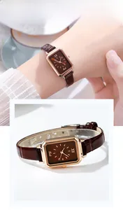 Detailansicht der Vintage-Quarzuhr mit braunem Lederarmband und roségoldenem Gehäuse