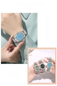 Vue détaillée de montres à quartz pour femmes avec lunette cannelée et dateur en acier