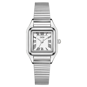Classic silver square quartz watch with stainless steel band and Roman numeral dial