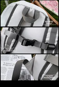 Detail view of durable top handle, anti-slip chest buckle, and reinforced stitching on white backpack