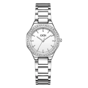 Elegant silver stainless steel watch for women with rhinestone bezel and white round dial