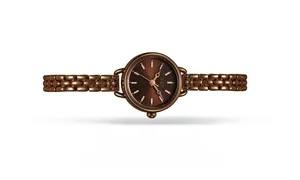 Dettaglio macro dell'orologio al quarzo GEDI da donna con maglie oro rosa e quadrante marrone