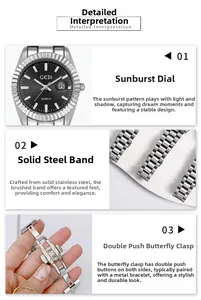 Détails de la montre en acier argenté avec cadran brossé soleil et boucle papillon