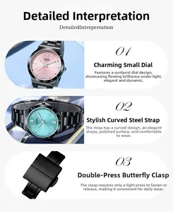 Détail de montre à quartz avec cadran brossé soleil, bracelet acier et boucle papillon