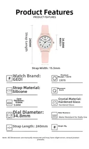 Detailed size chart for pink silicone watch with dimensions and quartz specifications