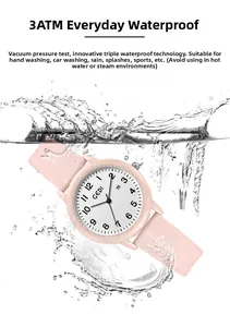 Pink waterproof silicone watch for women featuring 3ATM water resistance detail