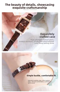 Detailansicht der Gedi quadratischen Uhr mit braunem Lederband und roségoldenem Gehäuse