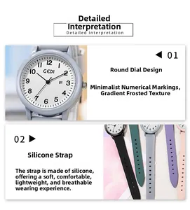Detail view of GEDI watch dial with minimalist numerals and soft silicone strap texture