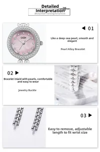 Détails du cadran en nacre rose et de l'élégante montre bracelet en perles pour femme