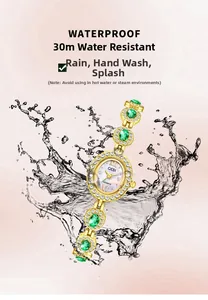 Close-up of golden jewelry watch with green gemstones showing 30m waterproof feature