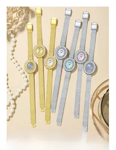 Elegant oval women's quartz watches with Milanese mesh straps and rhinestone bezels