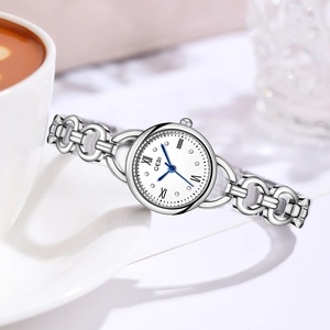 Elegant Women Bracelet Watch Fashion Quartz Movement Waterproof Alloy Link Strap Roman Numerals Rhinestone Blue Hands