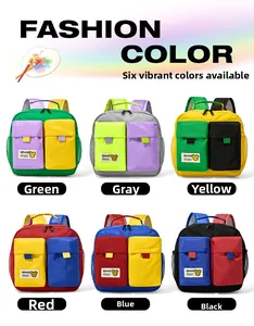 Collage of kids cartoon bear backpacks in six vibrant color-block nylon designs