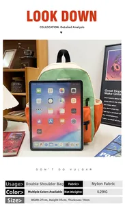 Size comparison of color-block nylon backpack with an iPad for daily school use
