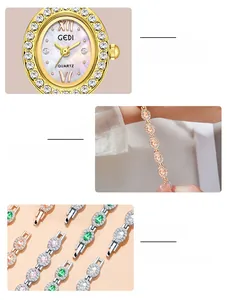 Detail view of oval rhinestone bezel watch featuring a natural mother of pearl dial face