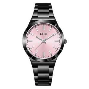 Montre à quartz GEDI pour femmes avec bracelet en acier noir et cadran rose soleil