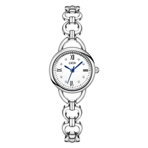 GEDI luxury silver chain watch for women featuring a white dial with blue hands