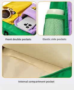 Detail view of colorful backpack featuring dual front pockets and elastic side mesh pockets