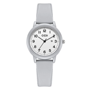 Minimalist quartz watch for women with grey silicone strap and white date dial display