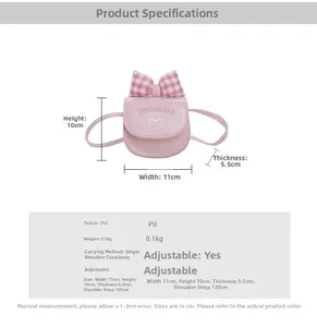 Detailed view of pink mini PU bag with checkered bow and cat embroidery measurements