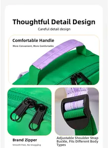 Detail view of kindergarten backpack showing soft handle, smooth zippers, and adjustable straps