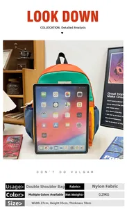 Detailed view of lightweight nylon kids backpack showing size dimensions with iPad comparison