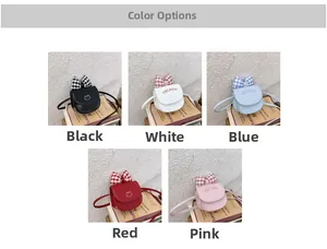 Detail of mini crossbody bags for kids with plaid bows and cat patterns in five colors