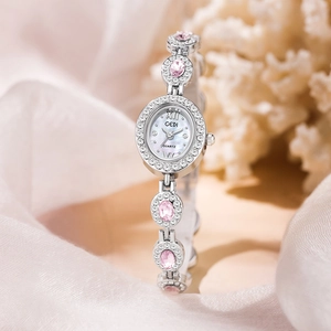 Women Watch Jewelry Bracelet Oval Mother Of Artificial Pearl Dial Rhinestone Crystal Gemstone Waterproof Elegant Retro Quartz