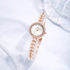 Montre GEDI luxe pour femme avec lunette diamant or rose et bracelet perle sur soie blanche