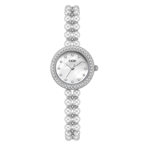 Montre élégante pour femme avec bracelet en perles, lunette en cristal et cadran en nacre