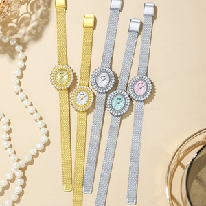 Elegant oval crystal quartz watch for women with metallic mesh band in assorted colors