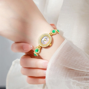 Elegant GEDI women's quartz bracelet watch with emerald stones and rhinestones