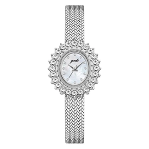 Elegant silver mesh women's quartz watch with crystal sunflower bezel and pearl dial
