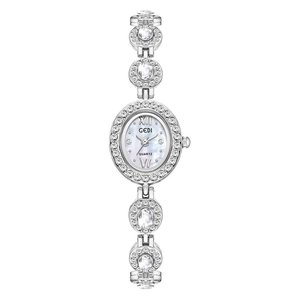 Silver GEDI quartz watch for women featuring an oval rhinestone bezel and crystal bracelet