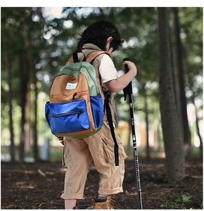 Detailed outdoor view of a high-capacity color-block kids backpack for hiking and school