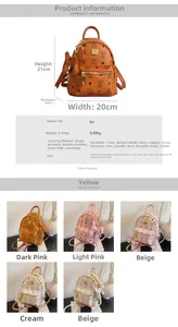Detailed size chart showing mini backpack dimensions height 21cm, width 20cm and PU material