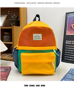 Detail of color-block backpack with mountain patch and waterproof nylon fabric